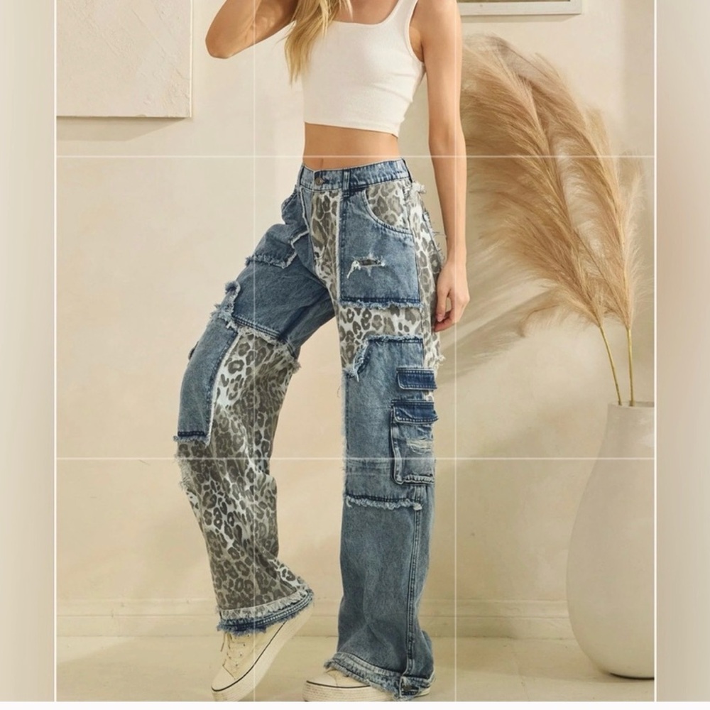 Oli & Hali Blue Distressed Patchwork Boyfriend Jeans with Leopard Print